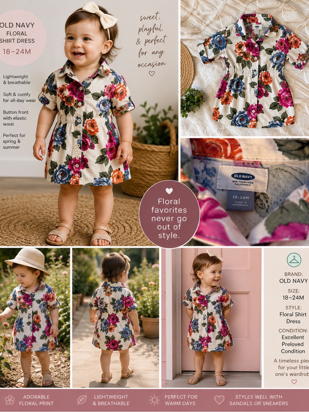 Old Navy Dress 18-24M Girls Floral Shirt Dress Beige Pink Blue Cottagecore